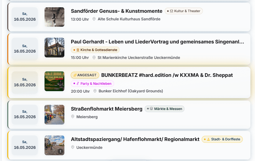 Kalender UER Listenansicht: Vergleich normaler Eintrag und hervorgehobener Angesagt-Eintrag