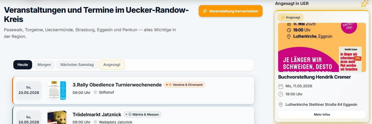 Kalender UER: Sidebar „Angesagte Veranstaltungen“ mit hervorgehobenem Eintrag und goldenem Rahmen