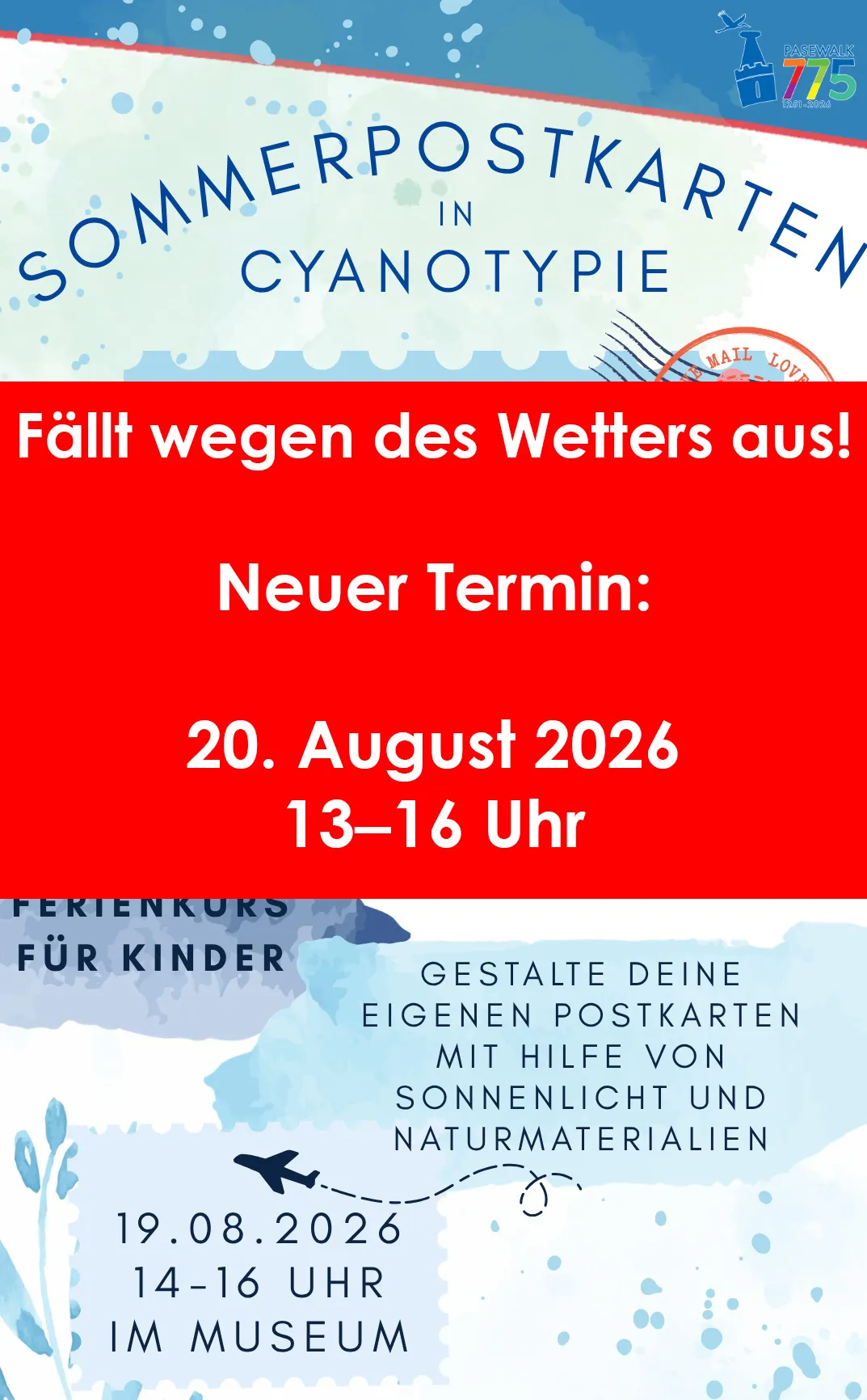 Veranstaltungsbild: Diese Veranstaltung fällt wegen des Wetters aus! Neuer Termin 20.08.2026 – Sommerpostkarten in Cyanotypie