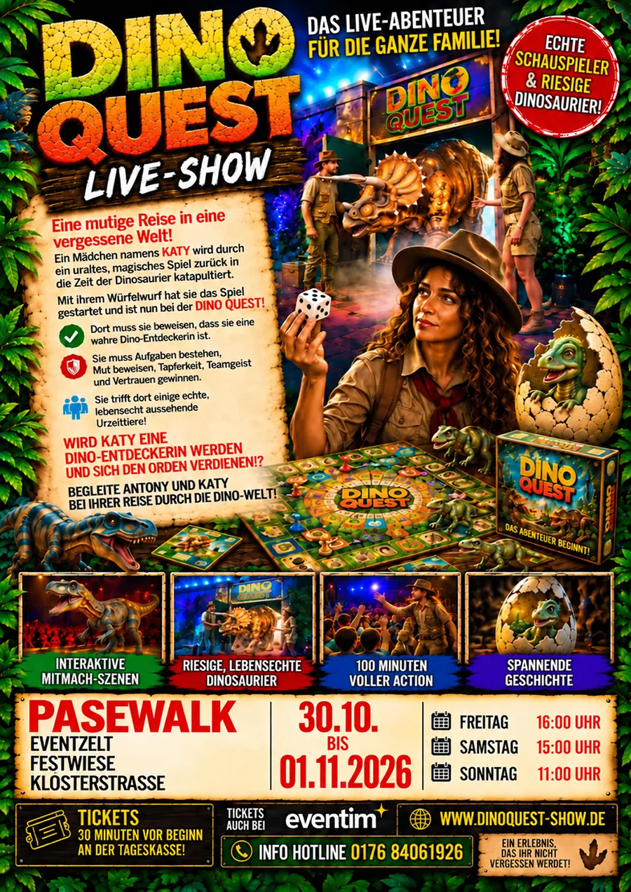 Veranstaltungsbild: Die Dino Quest Live Show kommt nach Pasewalk!