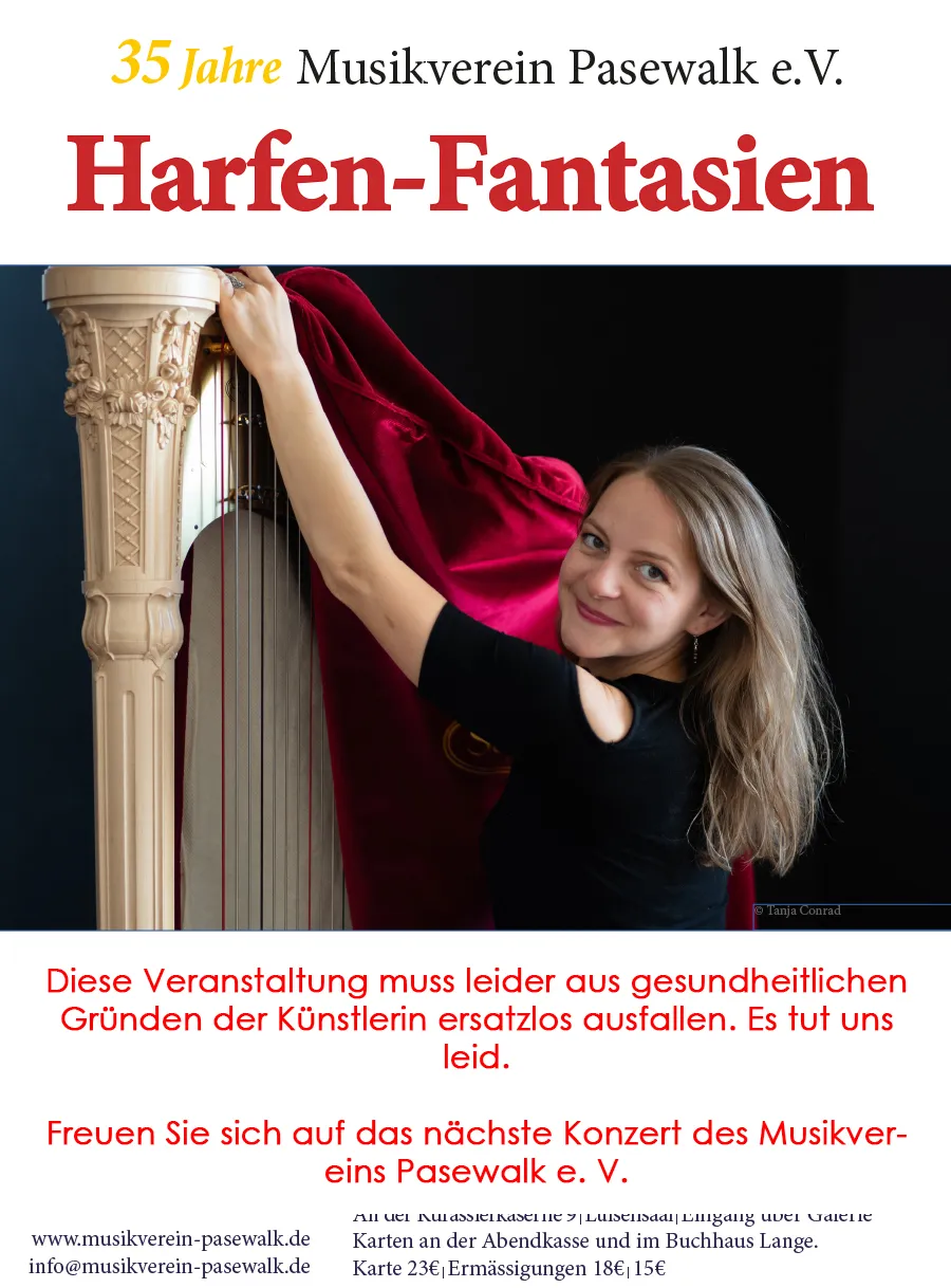 Veranstaltungsbild: Harfenkonzert „Fantasie“ mit Sophia Warczak muss verschoben werden
