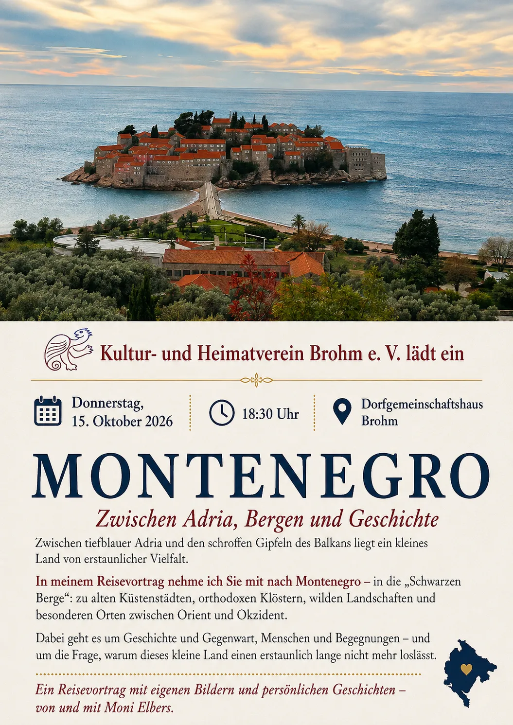Veranstaltungsbild: Reisevortrag „Montenegro – zwischen Adria, Bergen und Geschichte“